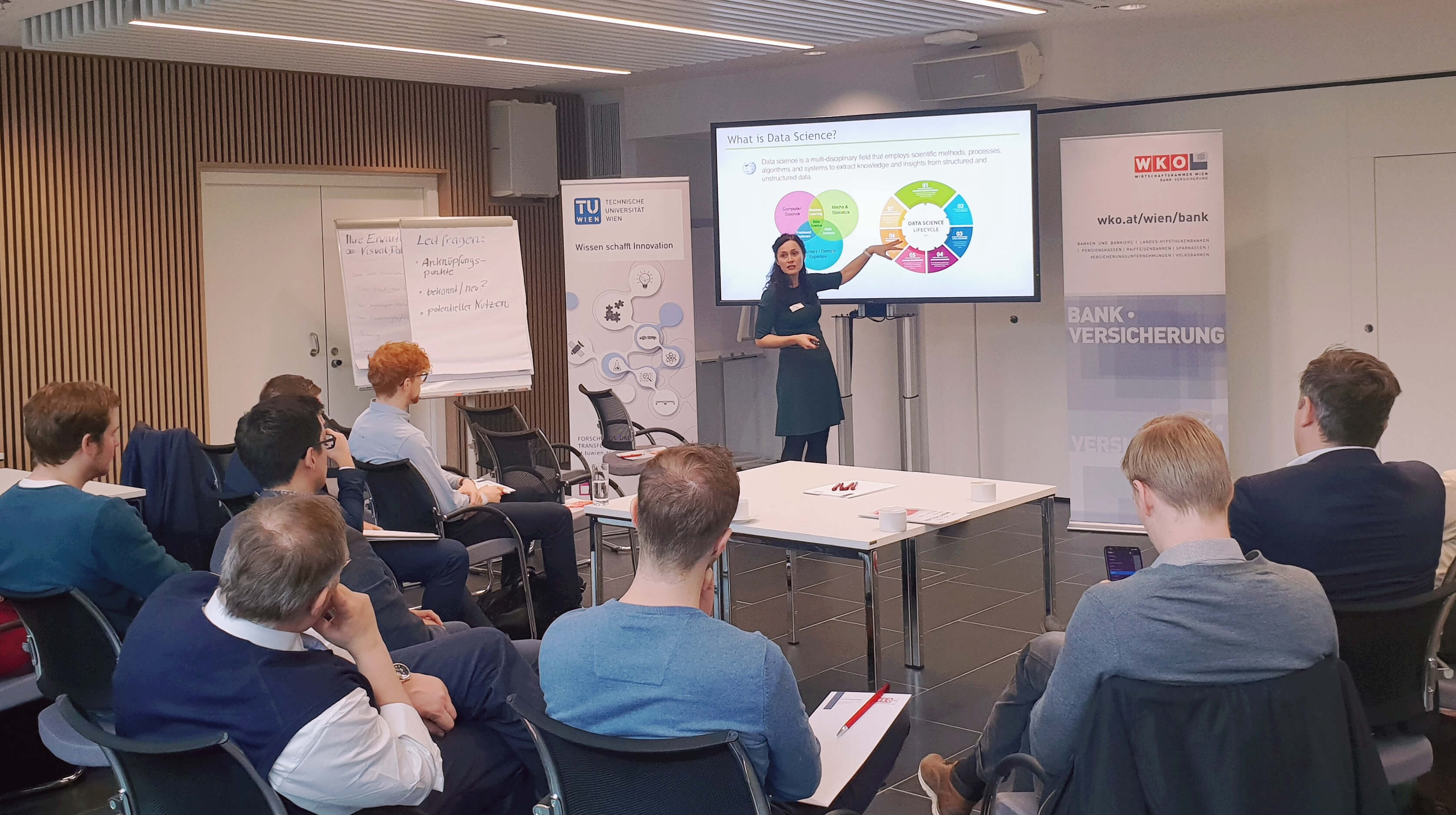 Elena Ginina, data science expert of VRVis, at a workshop for the finance and insurance sector