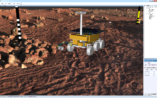 Ein Marsrover auf der steinigen Marsoberfläche.