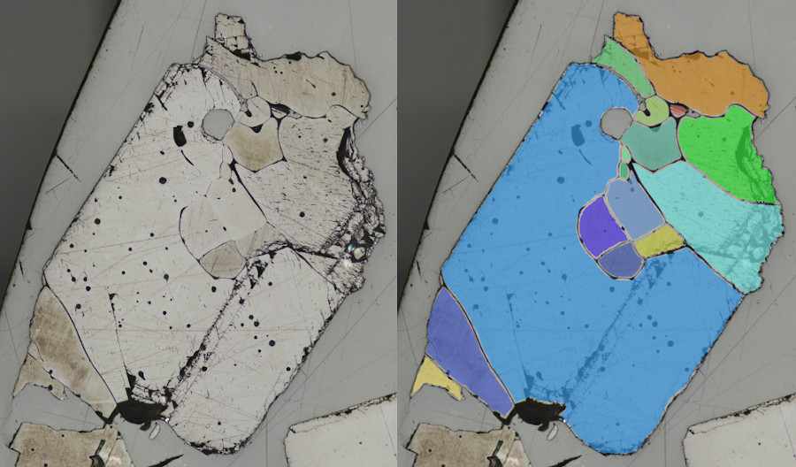 Two images next to each other, on the left in gray a micro-image of a crystal, on the right is the same image but different areas are colored because they were automatically segmented by an artificial intelligence.