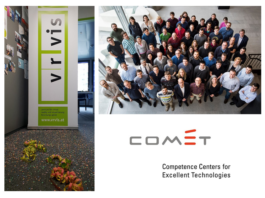  Picture of a VRVis banner, the employees of VRVis and the COMET logo 