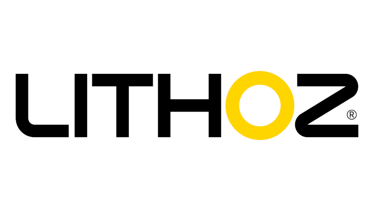 Der schwarze Schriftzug Lithoz vor weißem Hintergrund, das O ist gelb gefärbt