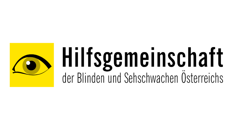 A drawing of an eye within a yellow square, next to it the lettering of Hilfsgemeinschaft der Blinden und Sehschwachen Österreichs in black