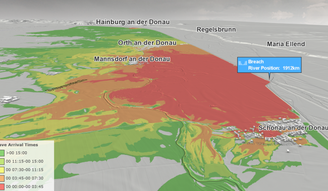 Visualization of the arrival time of a wave that floods an area due to a dike breach. Red represents the fast spreading and particularly endangered areas, green less endangered areas.