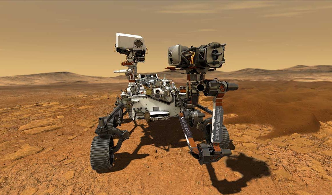 Visualisierung des fahrender Roboter namens "Perseverance" auf der Marsoberfläche.