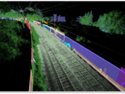 Visualisierung einer Bahntrasse mit Lärmschutzwänden, die farblich aus Punktwolken erkannt wurden.