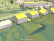 Screenshot aus viscloud mit Häusern mit gelben Dächern und einer eingezeichneten Wand, an der das Hochwasser nicht weiter kann. 