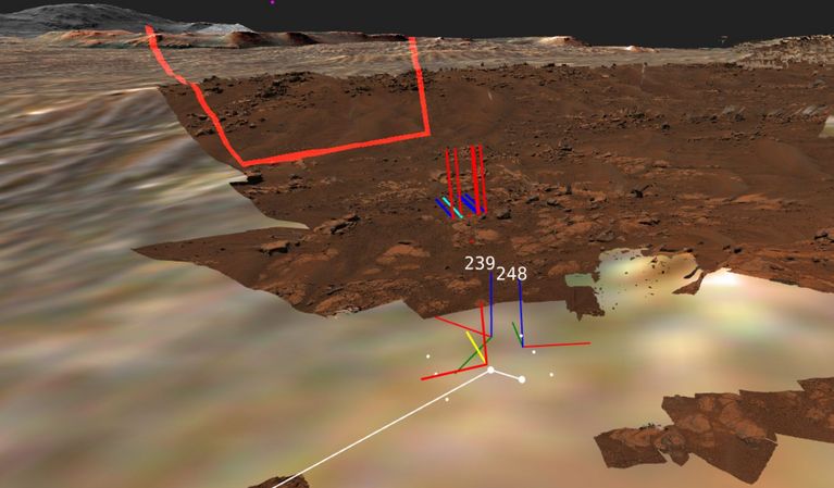 Screenshot des View-Planner-Prototypen in PRo3D mit verschiedenen Darstellungen der Mars-Oberfläche mit Markierungen. 