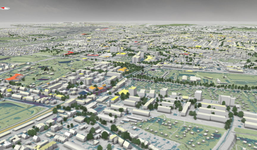 Dreidimensionale vereinfachte Grafik eines Stadtteils mit Häusern, Grünflächen und Wasserläufen