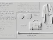 A tactile relief in white, it enables people to touch and experience a tailcoat, glasses, a bag and a button by touch