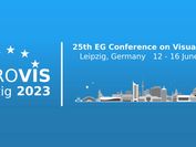 The Logo of the EuroVis conference 2023 is showing the skyline of Leipzig with blue color in the background