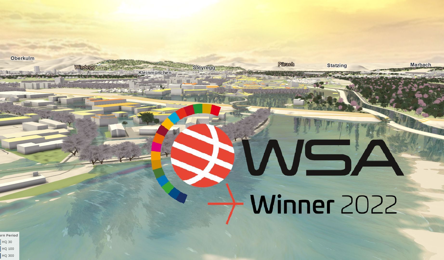 Screenshot der Simulationssoftware viscloud, auf dem ein Hafen mit Wasser und dahinter Stadt zu sehen ist. Rechts im Vordergrund steht das WSA-Winner 2022-Logo