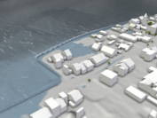 Visualization of an urban area that is protected from flooding by mobile walls, but this protective measure fails because the flood waters overflow the mobile protective walls.