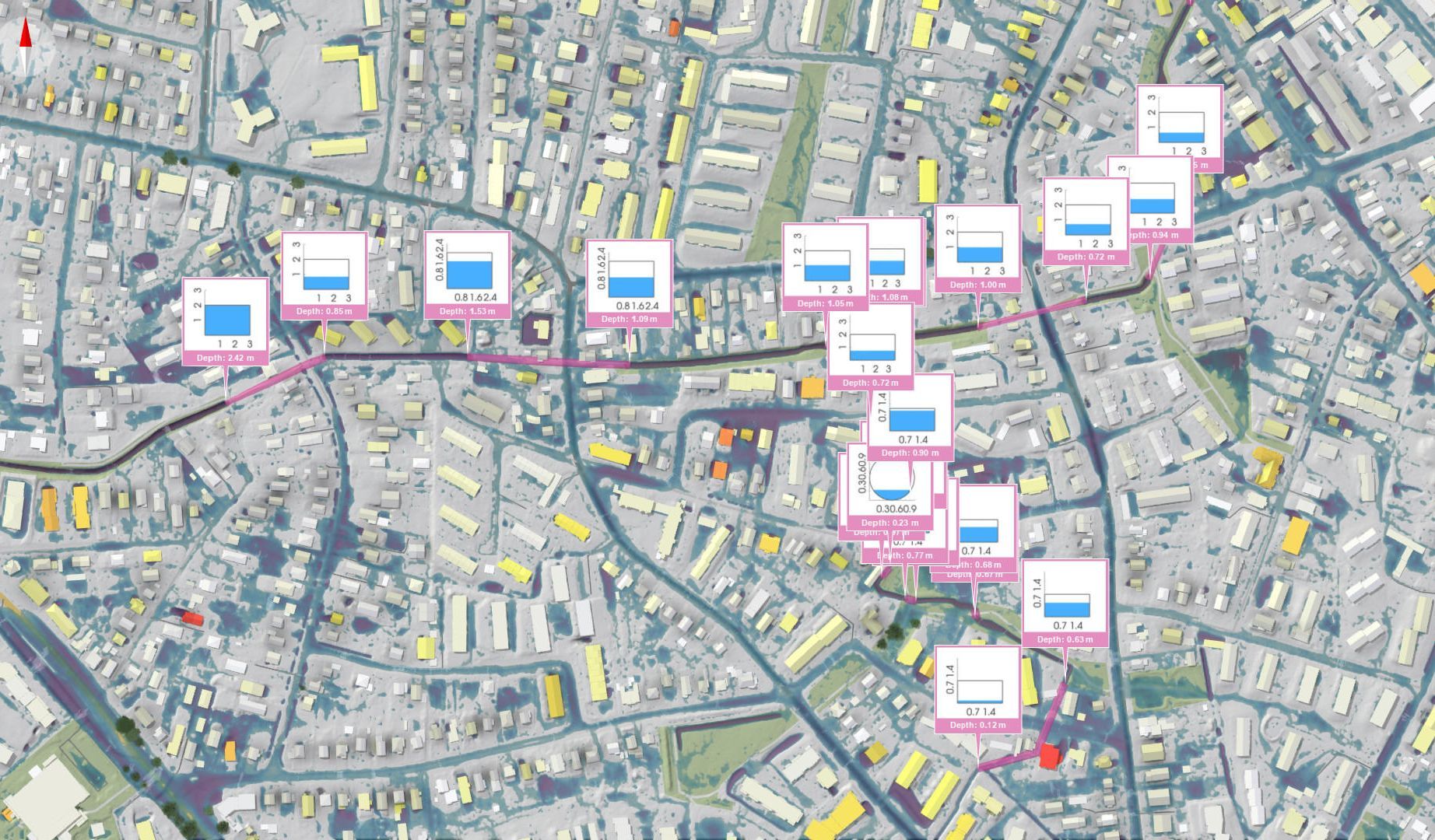 Ein Stadtplan von Hamburg in der viscloud-Software mit Grafiken zum Wasserpegel.