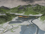 A valley between mountains where flooding has occurred due to river floods or heavy rainfall, visualized with the simulation software Visdom