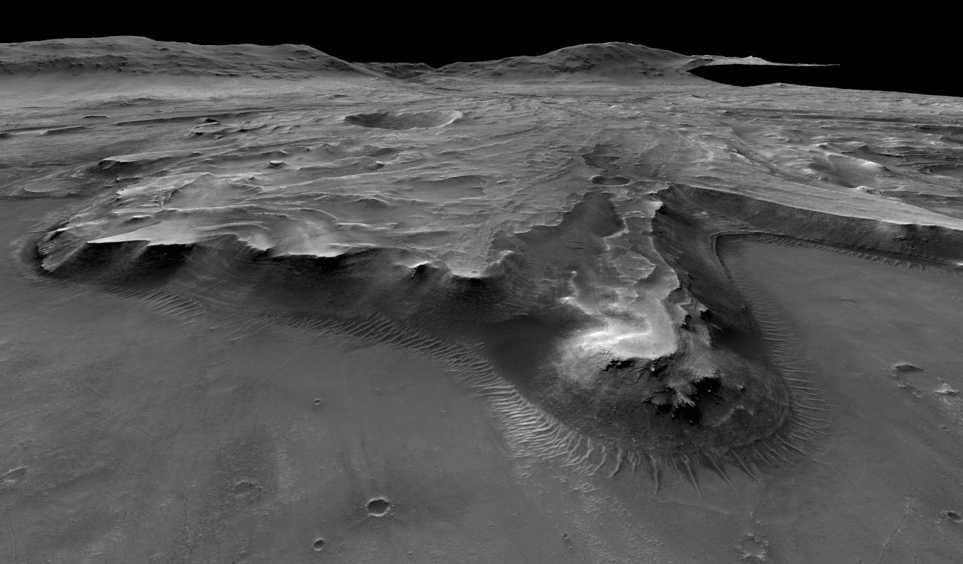 Aufnahme des Jezero Kraters auf dem Mars in Schwarz-Weiß.