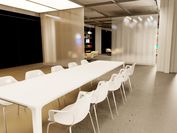 Photorealistische Visualisierung eines modernen Büroraumes mit verschiedenen Beleuchtungselementen.