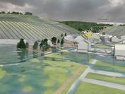 Visualization of a rural-urban area on a slope for which viscloud is used to simulate heavy rainfall flooding.