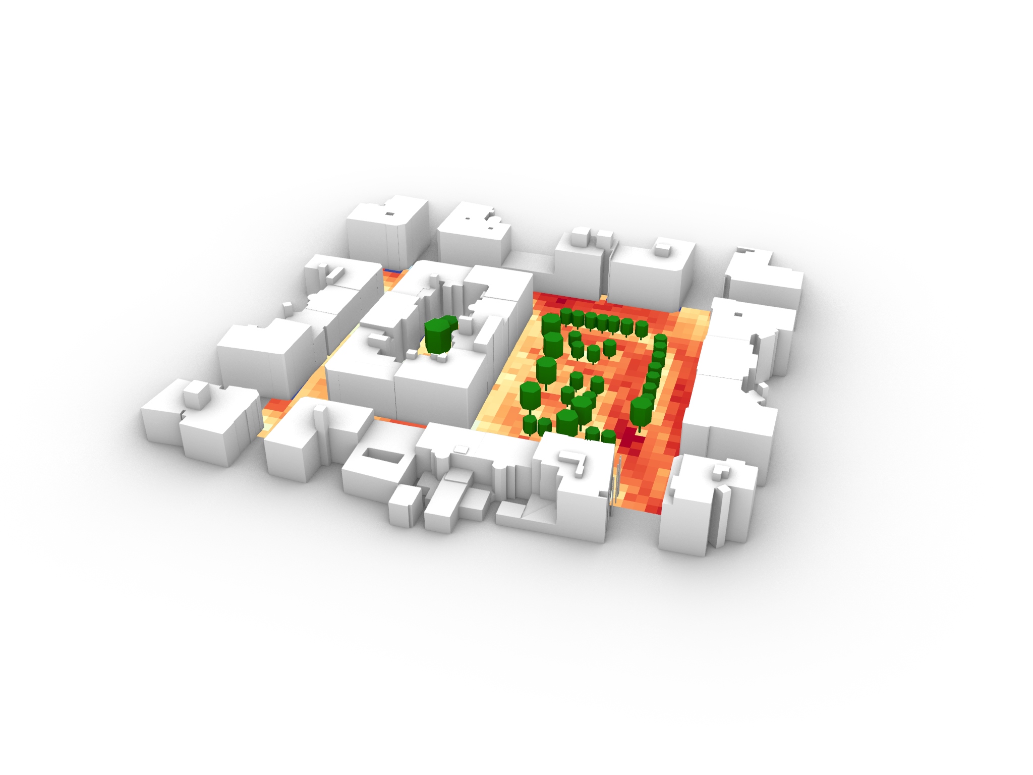 Visualisierung eines vereinfachten urbanen Bereichs, in welchem in gelben, orangen und roten Farben Hitzeinseln dargestellt sind.