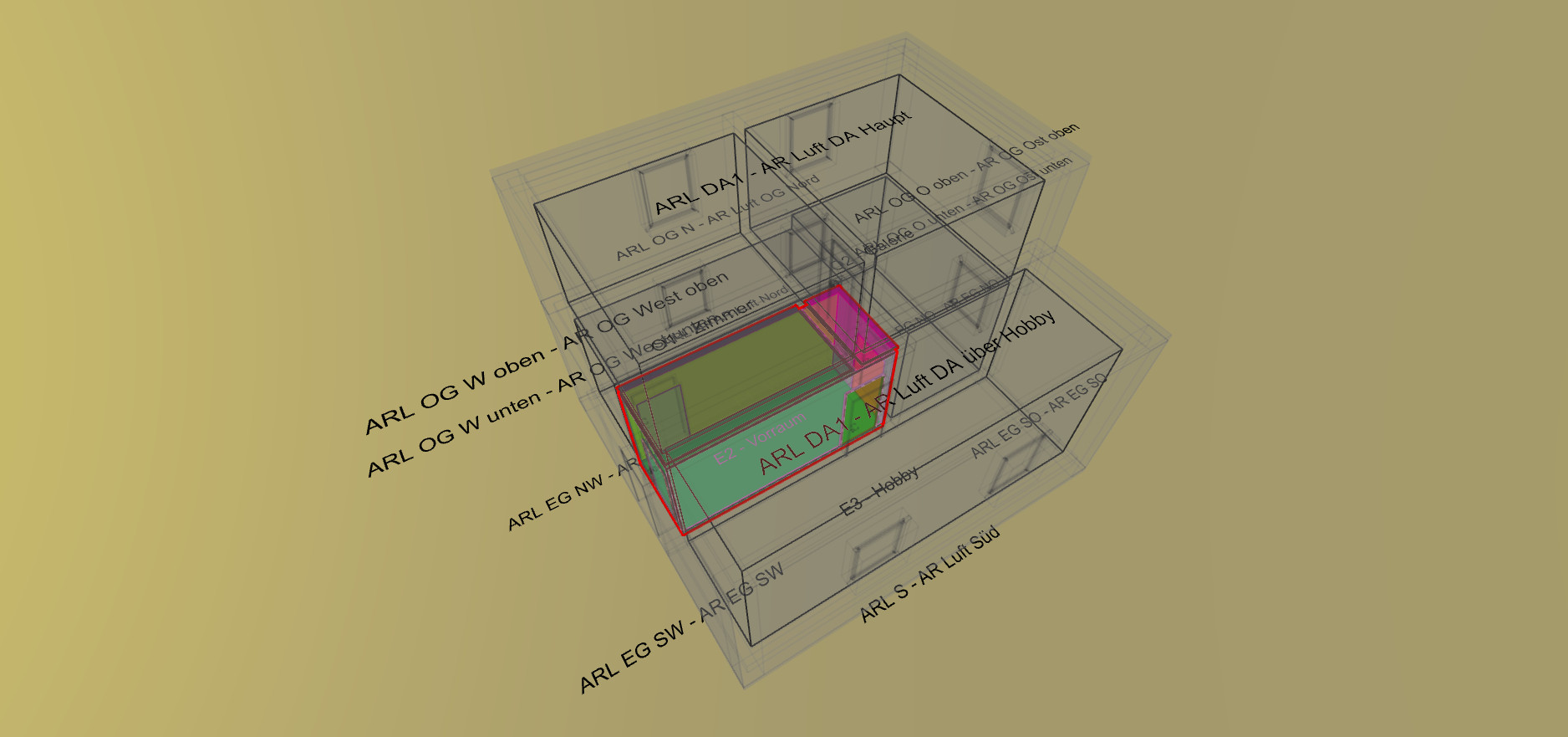 Visualisierung eines Gebäudequerschnitts, in welchem ein Raum bunt hervorgehoben ist. 