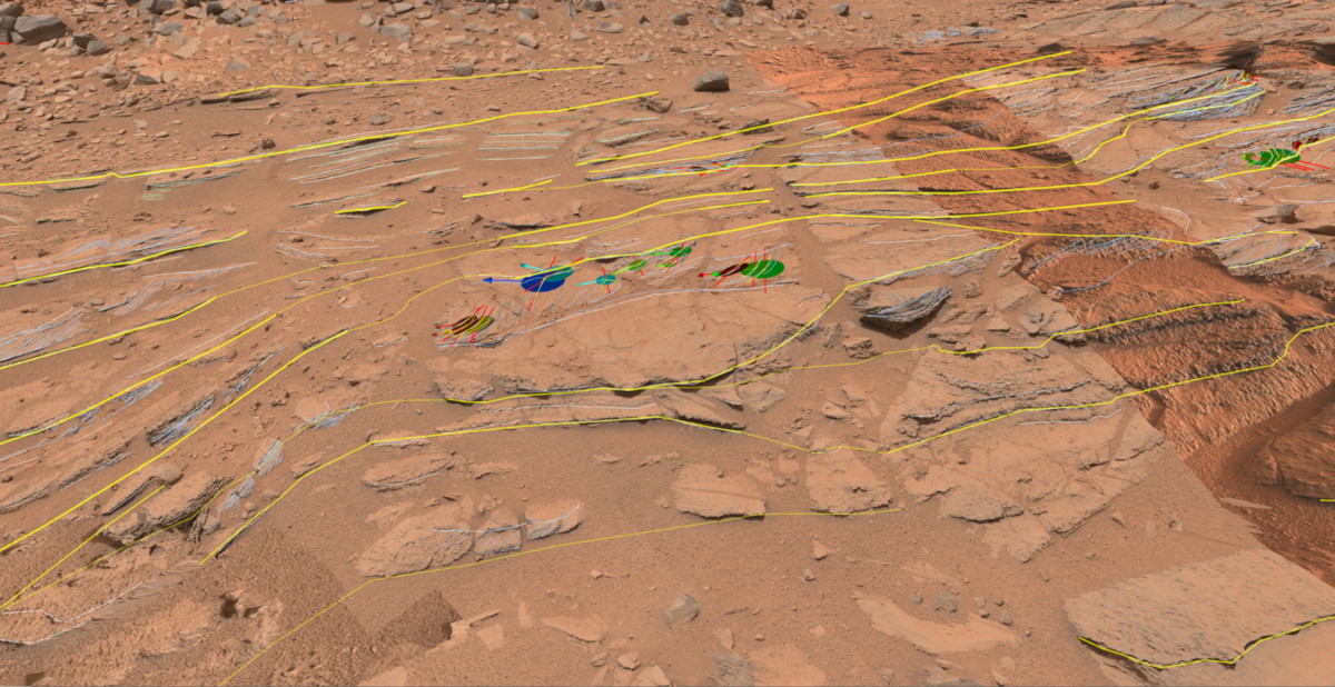 Visualisierung der Planetenoberfläche des Mars, mit geologischen Interpretationen in Strich- und Kreisform.
