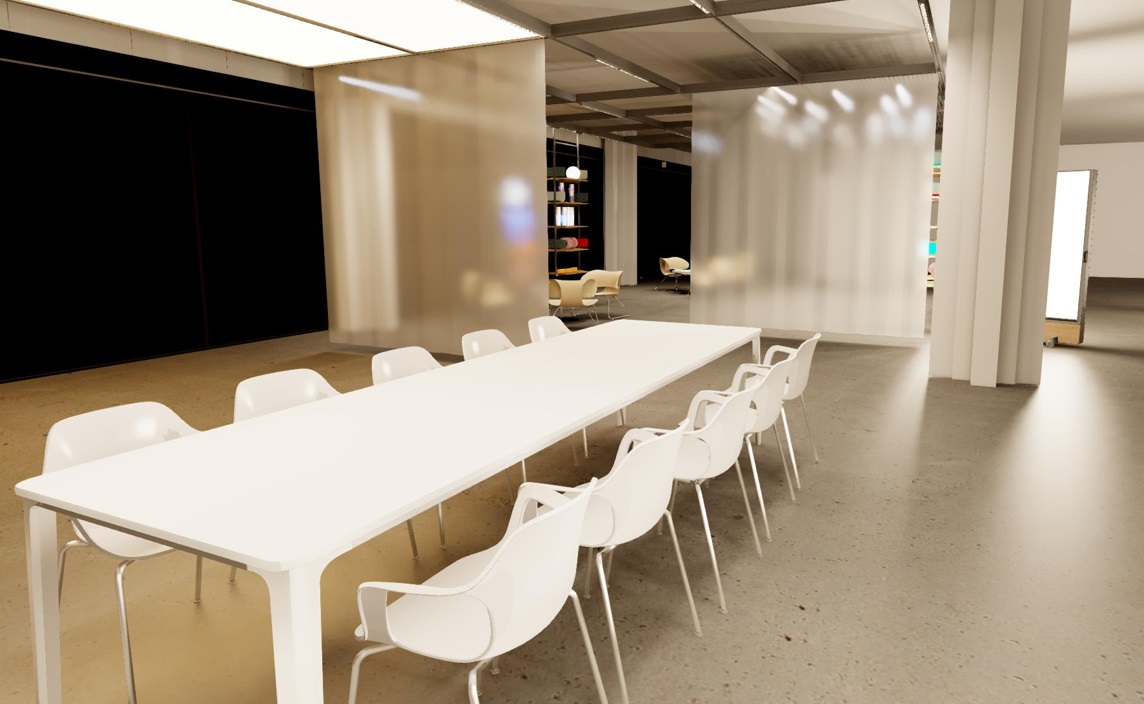 Photorealistic visualization of a modern office space with various lighting elements.
