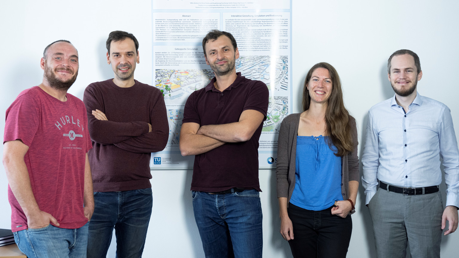 Four researchers and one female researcher in front of a poster on Interactive Simulations as a Decision Support Tool for Water Sensitive Urban Design (Visdom). 