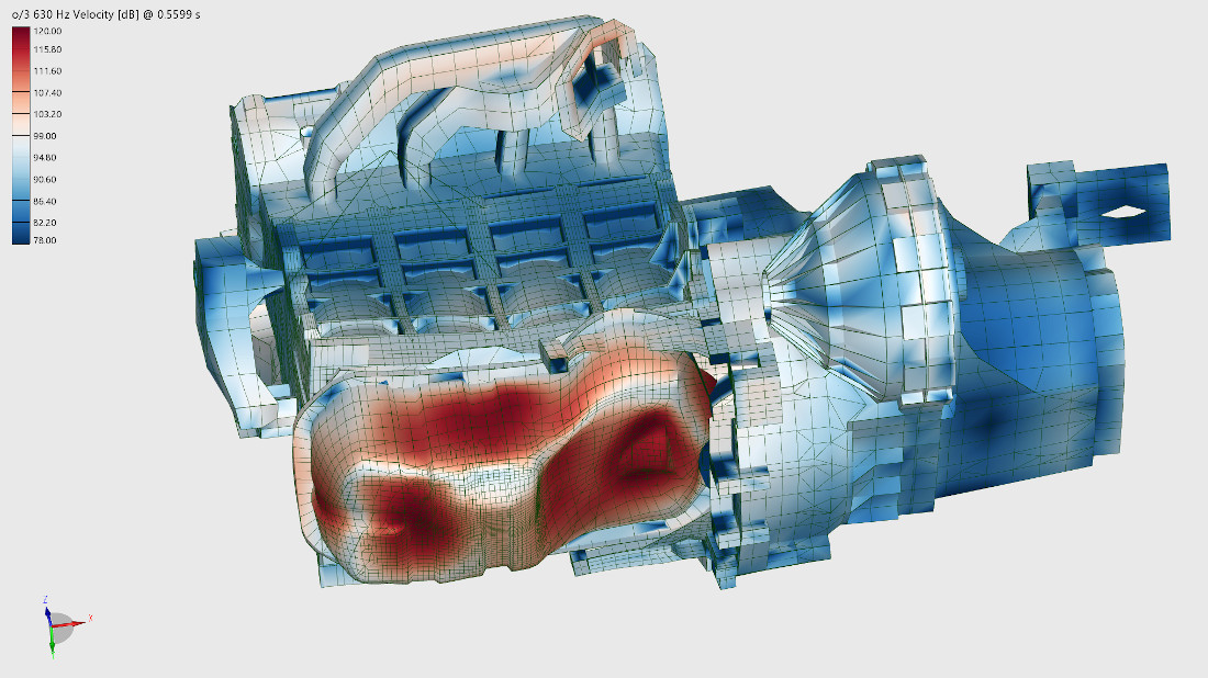  Visualization of a car engine, where in a color progression from blue to red the vibrating parts are shown.
