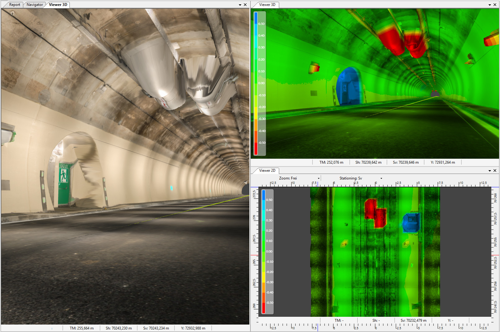 Drei verschiedene Visualisierungen von Tunneloberflächen, einmal als realistische 3D-Darstellung, einmal als 2D-Darstellung einmal in Falschfarbe.
