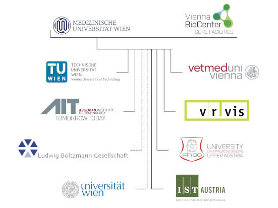 Grafische Darstellung mit allen Logos der Mitglieder des Konsortiums BioImaging Austria, eines der Logos ist von VRVis.