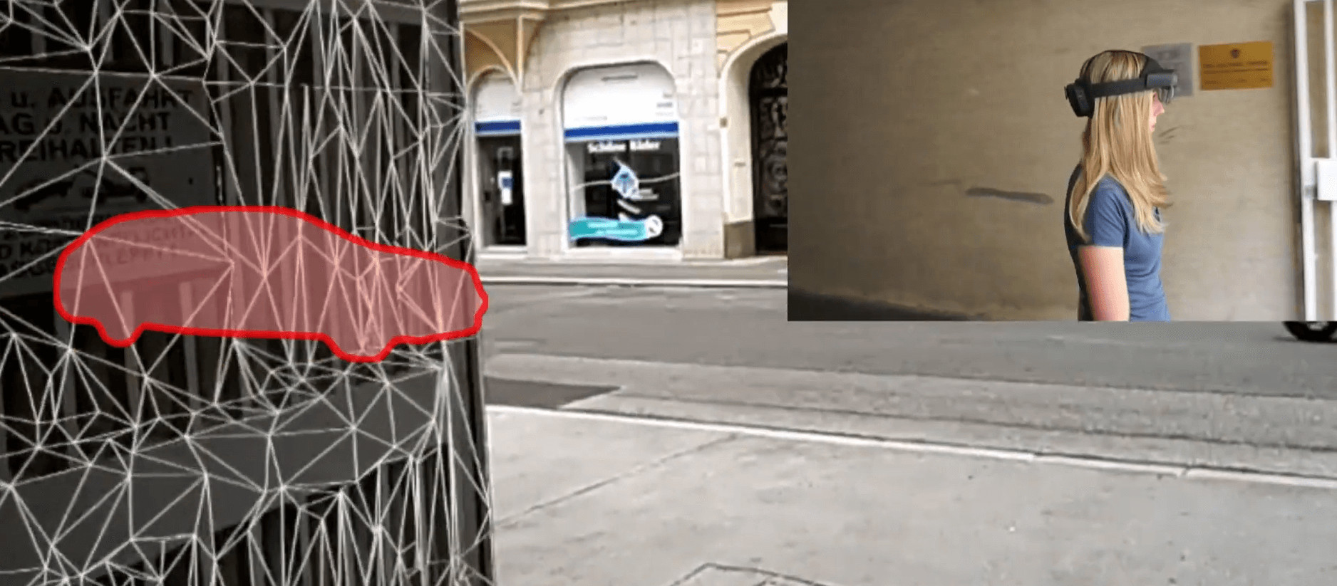 Dreigeteiles Bild. Ganz links: Autosymbol in Augmented Reality, das mithilfe der AR-Brille bereits im Vorfeld anzeigt, dass ein Auto von links kommt. Mittig die Straße, auf der das Auto auftauchen wird. Rechts oben: Eine Userin mit HoloLens. 