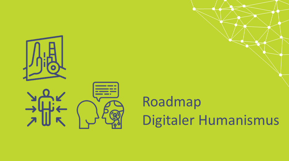 Grünes Bild mit blauen Flaticons, die eine Interaktion zwischen Mensch und Maschine andeuten, sowie dem Schriftzug Roadmap digitaler Humanismus