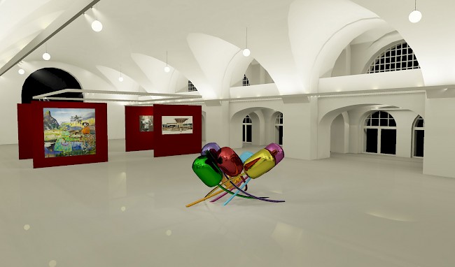 Großer Galerieraum mit verschiedenen Gemälden und Kunstwerken, der gut beleuchtet wird.