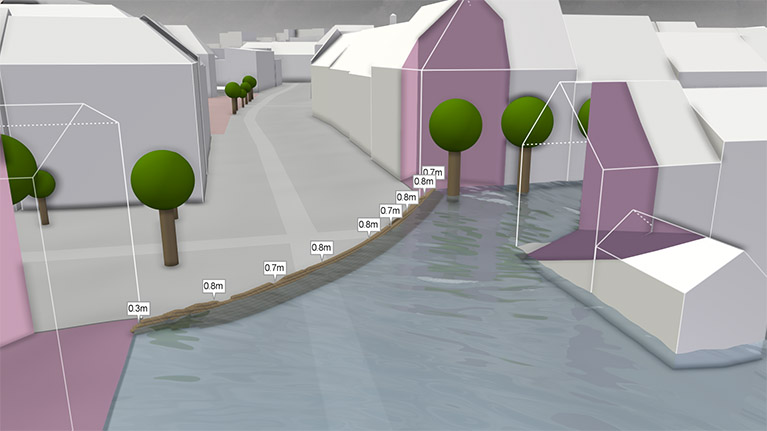 Bild einer Simulation für das Anlegen kurzfristiger Schutzmaßnahmen mit einer Sandsackbarriere