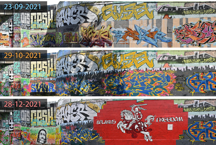 Drei Fotos von einer Wand voller Graffiti am Donaukanal, die Sprayings verändern sich mit der Zeit