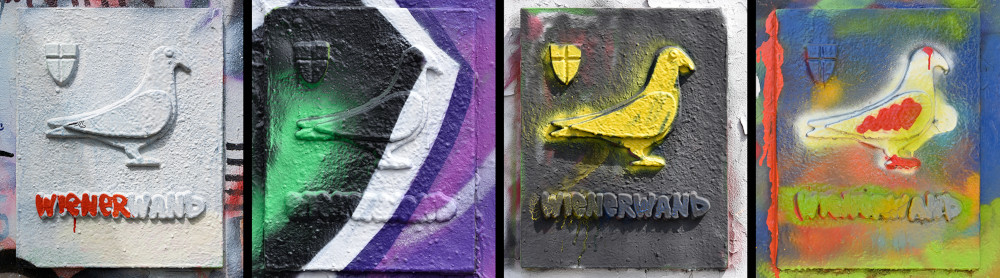 Multicolored pigeons, symbols of the "Wiener Wände" (Viennese Walls)