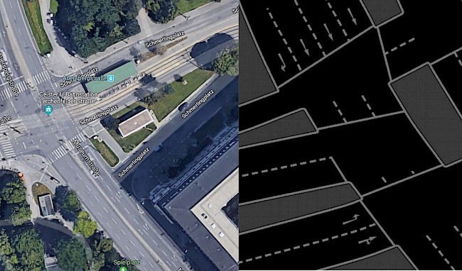 Zu sehen sind zwei Ansichten nebeneinander: einerseits echte Straßenaufnahmen aus der Luft sowie vom Algorithmus extrahierte geometrische Ergebnisse.