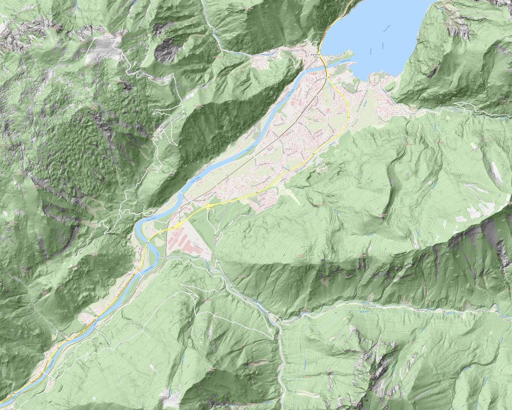 Visualisierung einer Landkarte von oben, zu sehen ist ein bergiges Gebiet mit einem Fluss.