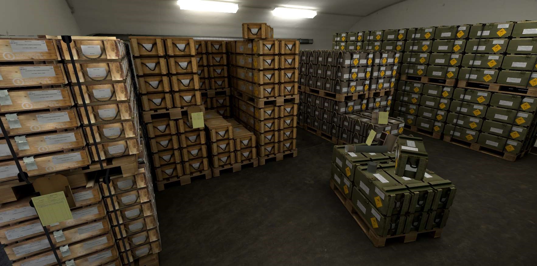 A VR scene showing an ammunition depot. A lot of boxes with ammunition can be seen stacked on top of each other.
