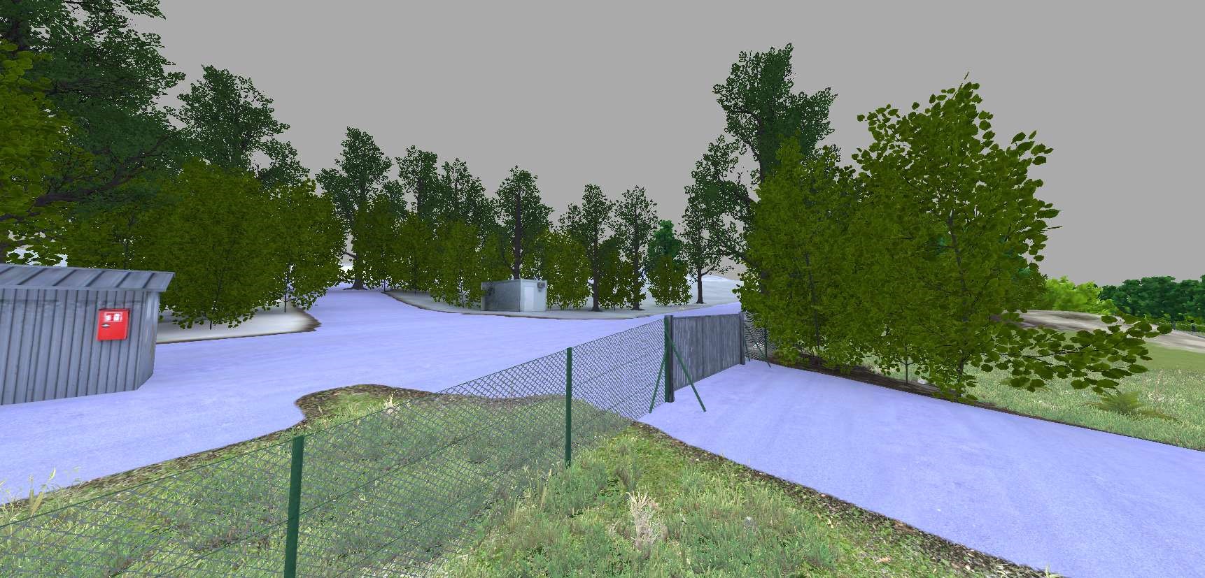 Eine Virtual Reality-Trainingsszene, die ein abgesperrtes und umzäuntes Gelände zeigt - der Zugang zu einem Munitionslager.