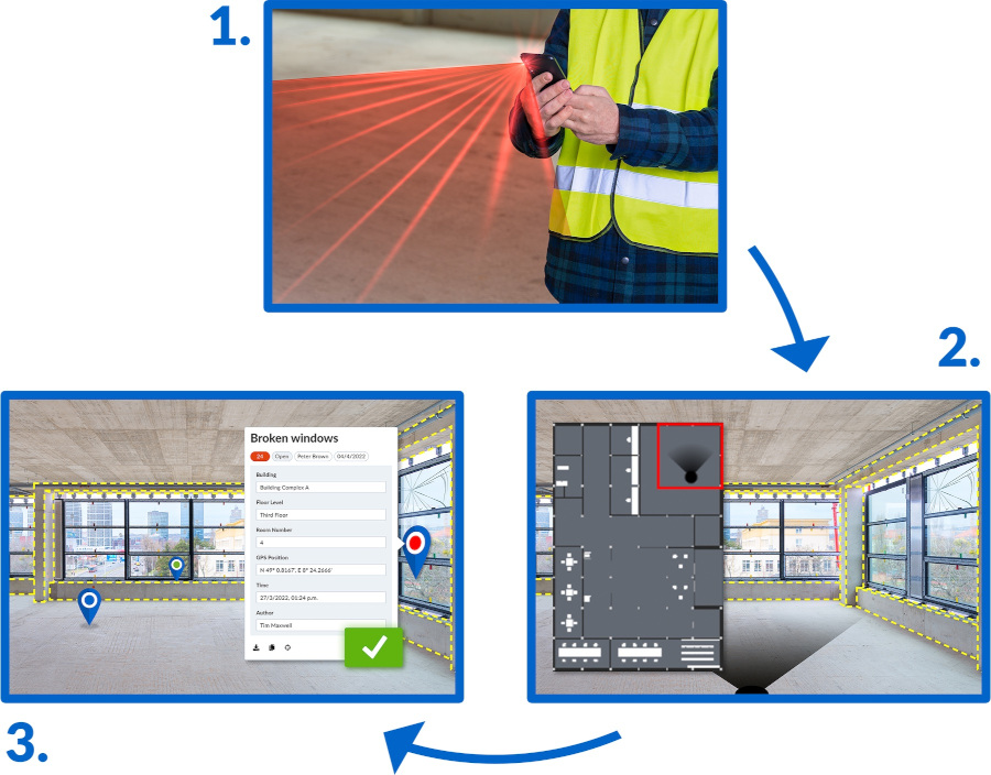 Three pictures show the workflow with the application Onsite-AR, one photo shows a person with a smartphone in hand, two photos show a room as well as the interface of the application