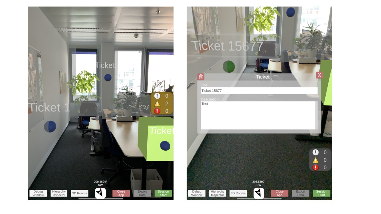 Zwei Bildschirmaufnahmen eines Büroraums nebeneinander, auf dem zweiten Bild ist ein Fenster eines Ticketingsystems offen 