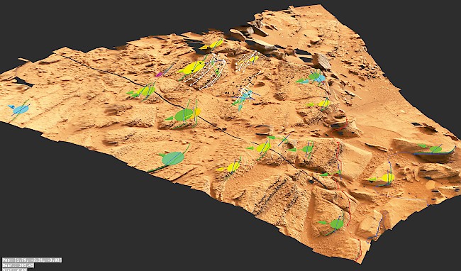 Eine Oberflächenrekonstruktion der Marsoberfläche, die mit geologischen Annotationen versehen wurde.