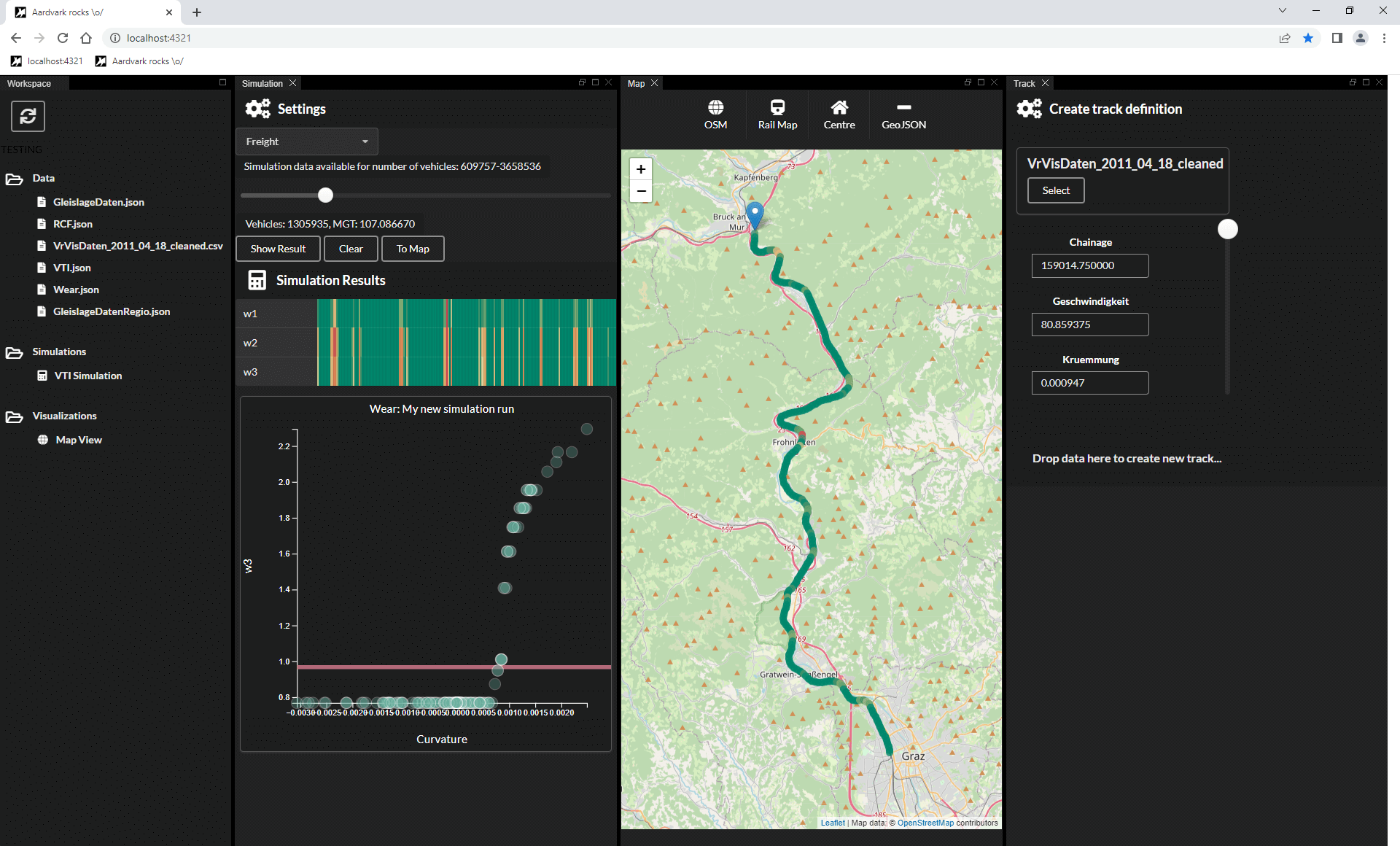 Screenshot des Softwareprototypen des Projekts Rail4Future mit vielen schwarz hinterlegten Arbeitsflächen und einer Landkarte in der Bildmitte. 