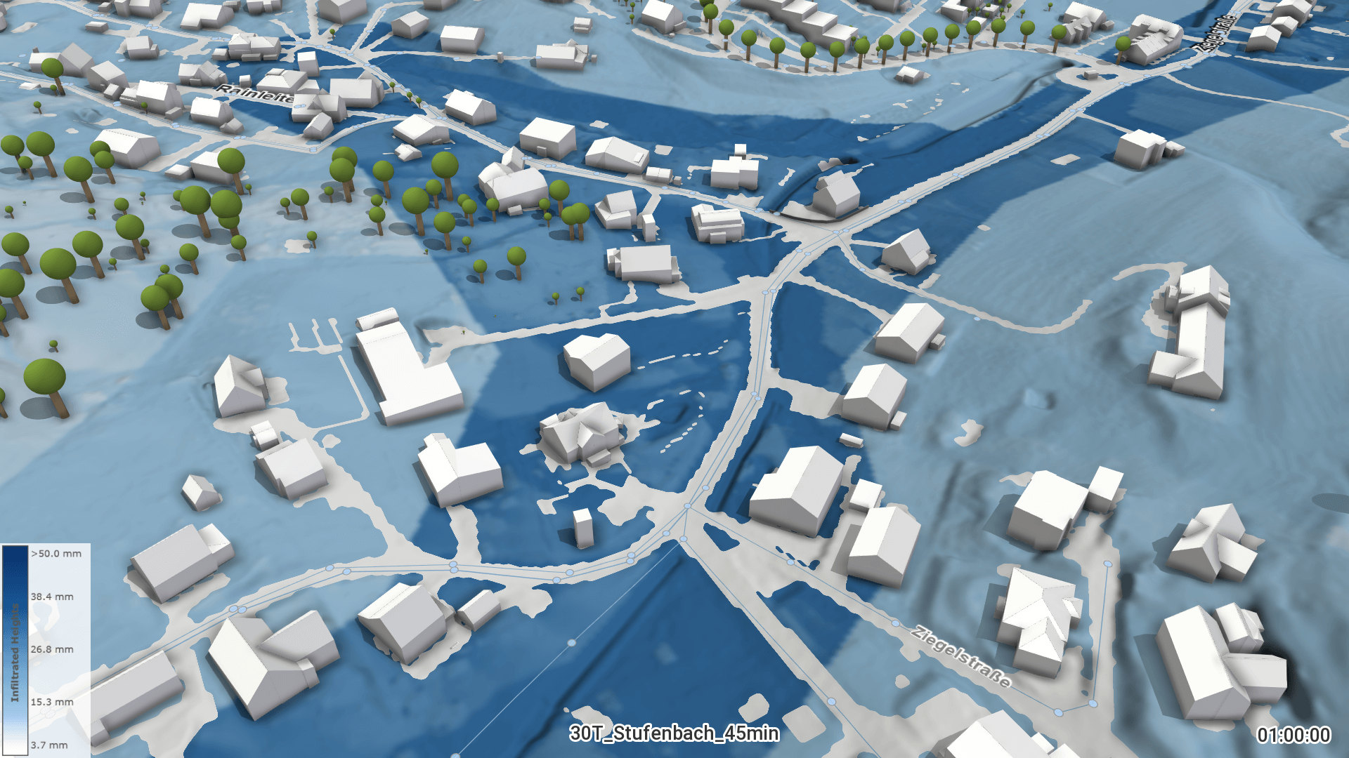 Visualisierung einer Siedlung, über die eine Sturzflut hinweg fegt.
