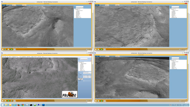Four different screens side by side, all showing reconstructions of the Mars surface.