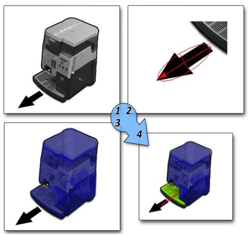 Darstellung von vier abfolgenden Bildern, die zeigen, wie Betriebanleitungen durch Augmented Reality auf Basis von bestehenden Datenbanken verbessert werden können.