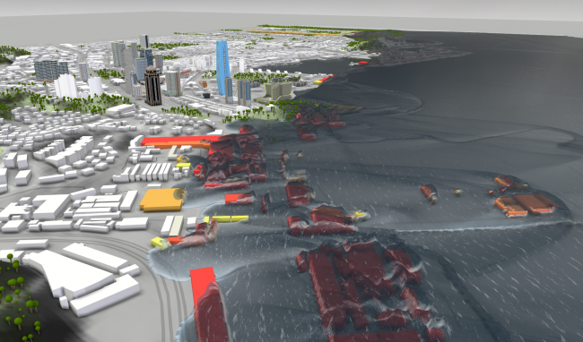 Simulation und Visualisierung einer Tsunami-Welle, die über einer chinesischen Stadt niederbricht.