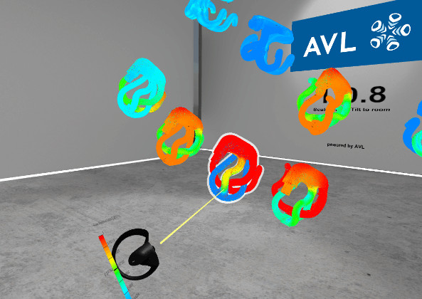 Beispiel eines VR-Raumes mit verschieden eingefärbten Motorteilen