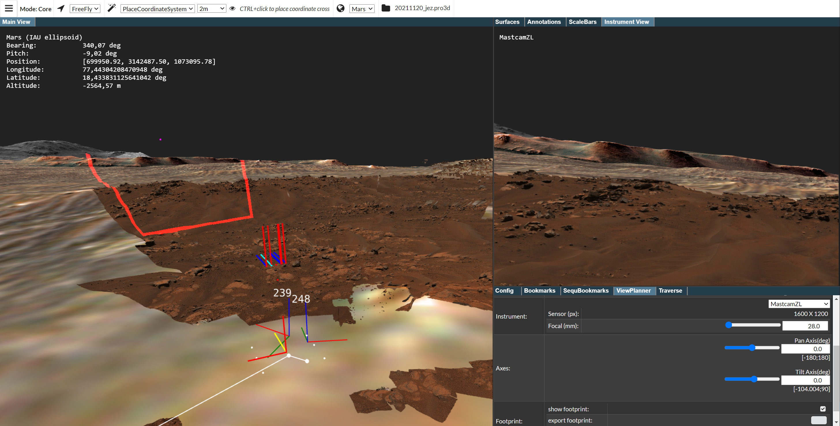 Screenshot des View-Planner-Prototypen in PRo3D mit verschiedenen Darstellungen der Mars-Oberfläche mit Markierungen. 