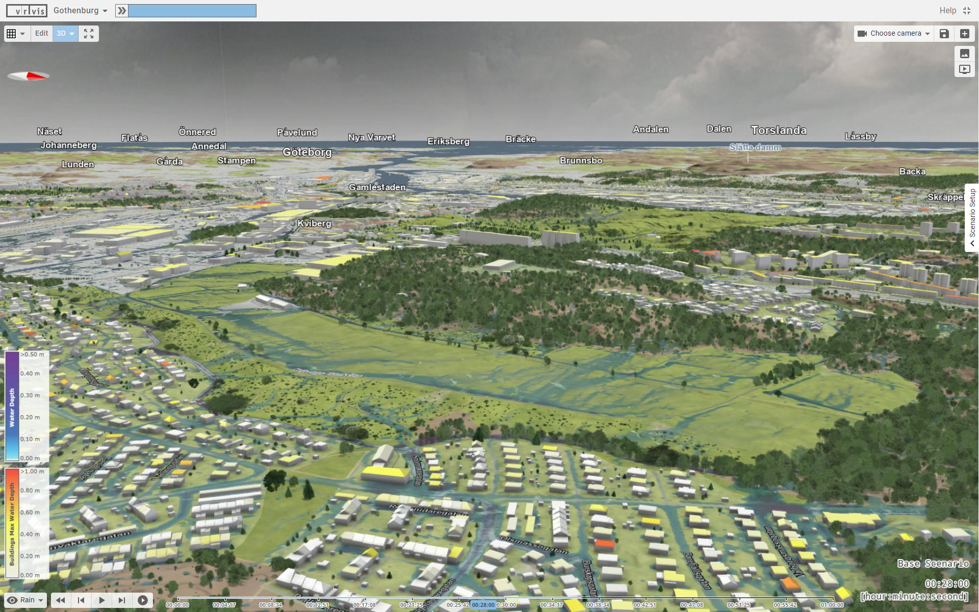Bild von oben, das die Stadt Göteburg plus Umland als Visualisierung in der Simulationssoftware Visdom zeigt.